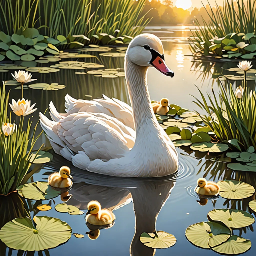 a swan is swimming in a pond with lily pads and lily pads on the water and a duckling is in the water, photorealism, a photorealistic painting, Evgeny Lushpin, highly detailed digital painting