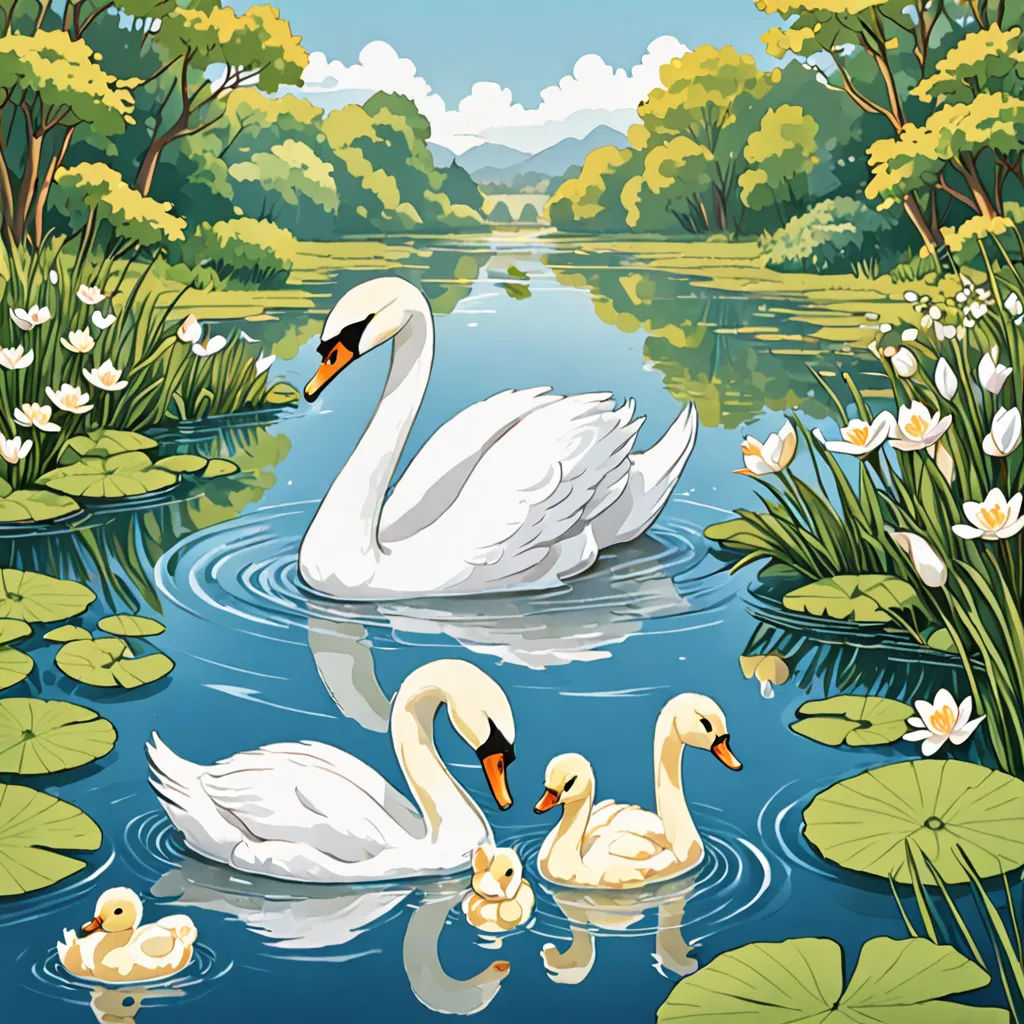 a family of swans swimming in a pond with lily pads and water lillies in the foreground, and a pond with lily pads and water lillies in the background, environmental art, a storybook illustration, David Martin, storybook illustration