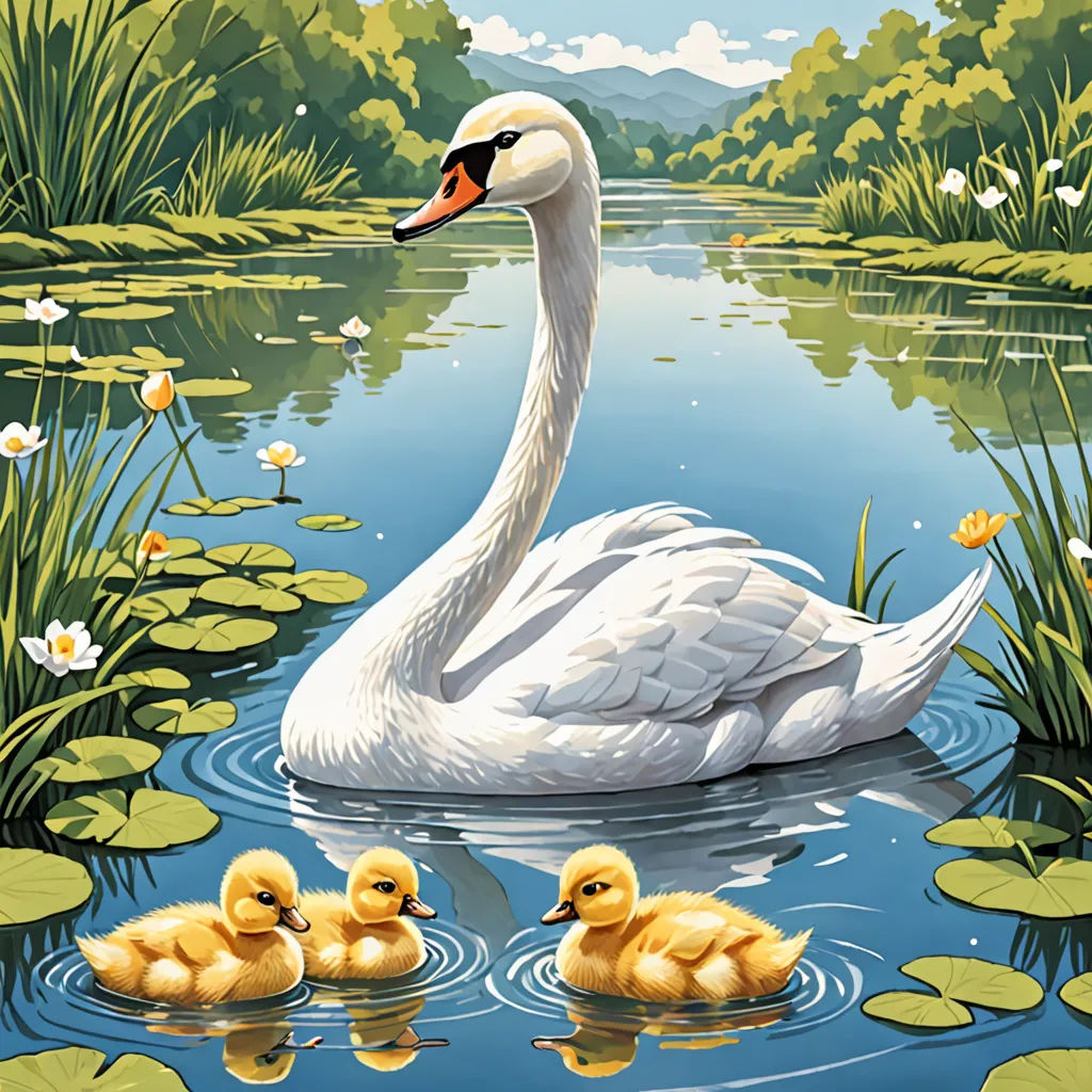 a swan and her babies swimming in a pond with lily pads and water lilies on the water's edge, massurrealism, a storybook illustration, David Martin, storybook illustration