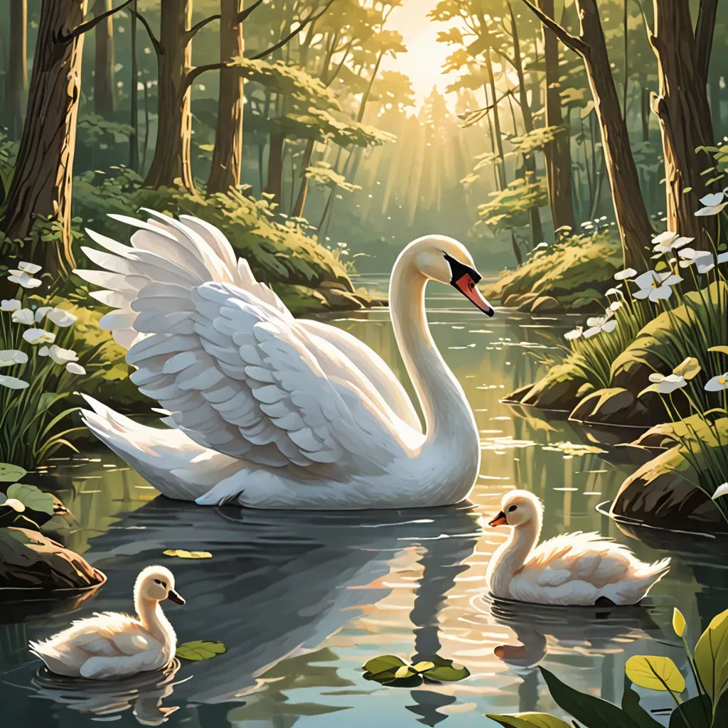 a painting of a swan and her babies swimming in a pond in the woods with lily pads and flowers, fantasy art, a storybook illustration, Christophe Vacher, storybook illustration