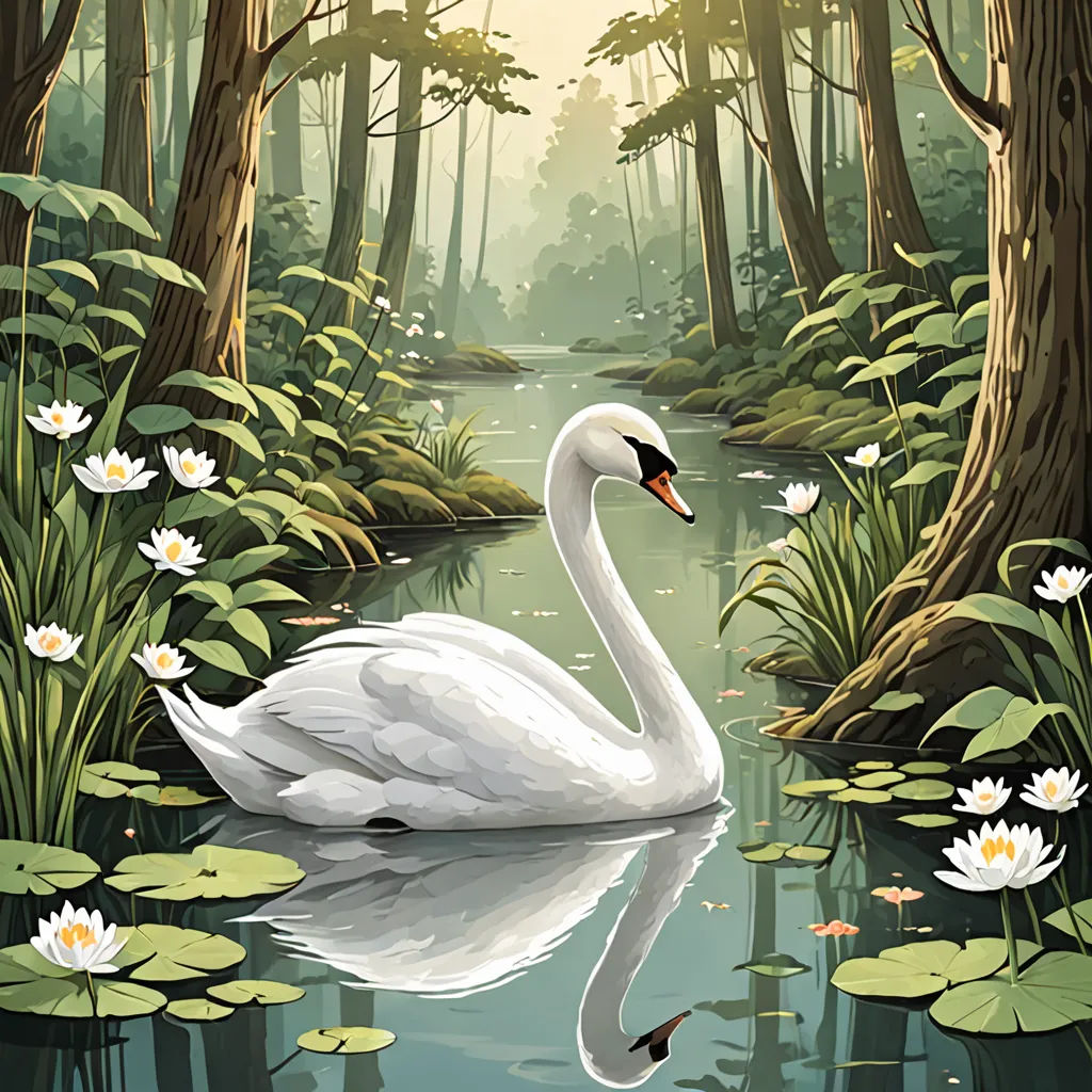 a white swan is floating in a pond surrounded by water lilies and trees with white flowers in the foreground, fantasy art, a storybook illustration, David Martin, storybook illustration