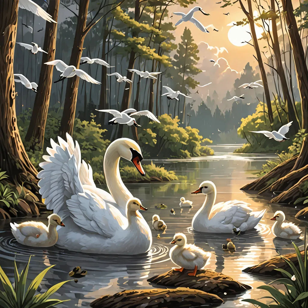 a painting of swans swimming in a lake surrounded by ducks and geese in the woods at sunset or dawn, magic realism, a storybook illustration, Dan Mumford, kinkade