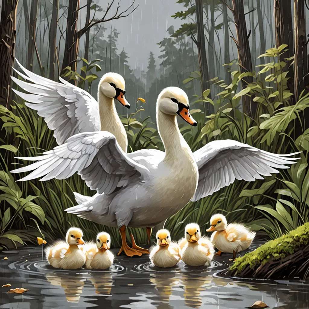 a family of ducks standing in a pond with their wings spread out and their babies swimming in the water, fantasy art, a storybook illustration, David A Hardy, highly detailed digital painting