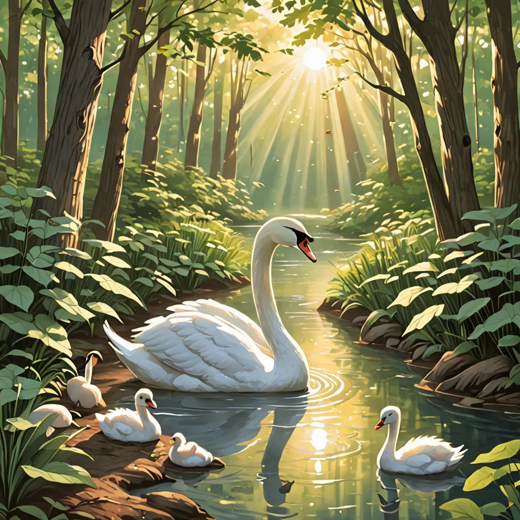 a painting of a swan and her babies in a pond of water with sunbeams in the background, magical realism, a storybook illustration, David A Hardy, storybook illustration