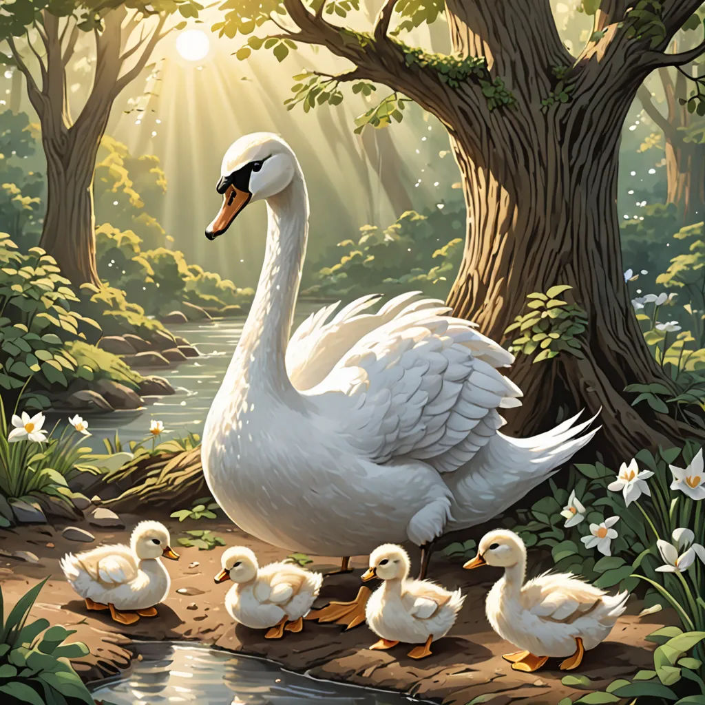 a painting of a swan with her babies by a river in the woods with sunbeams and flowers, fantasy art, a storybook illustration, Brothers Hildebrandt, storybook illustration