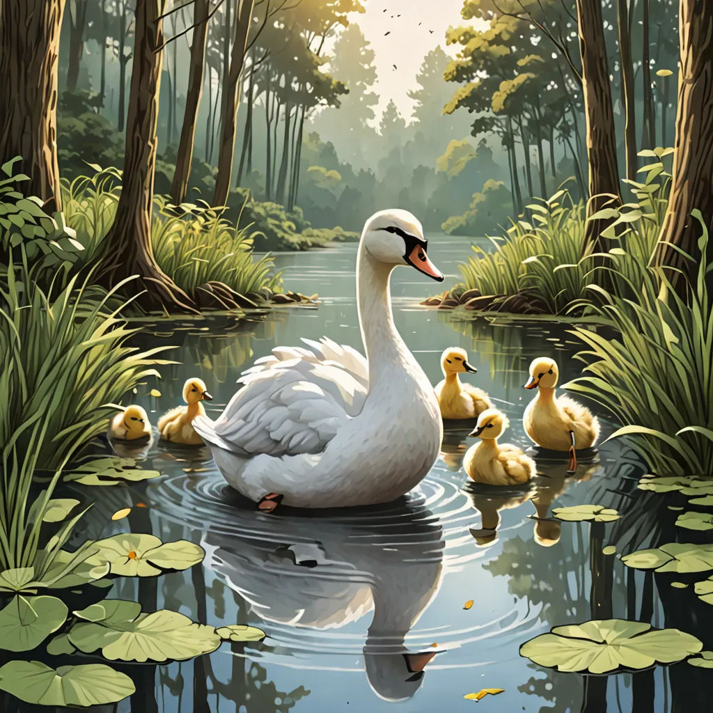 a family of ducks swimming in a pond with lily pads and trees in the background, with a sun shining on the water, fantasy art, a storybook illustration, Chris LaBrooy, storybook illustration
