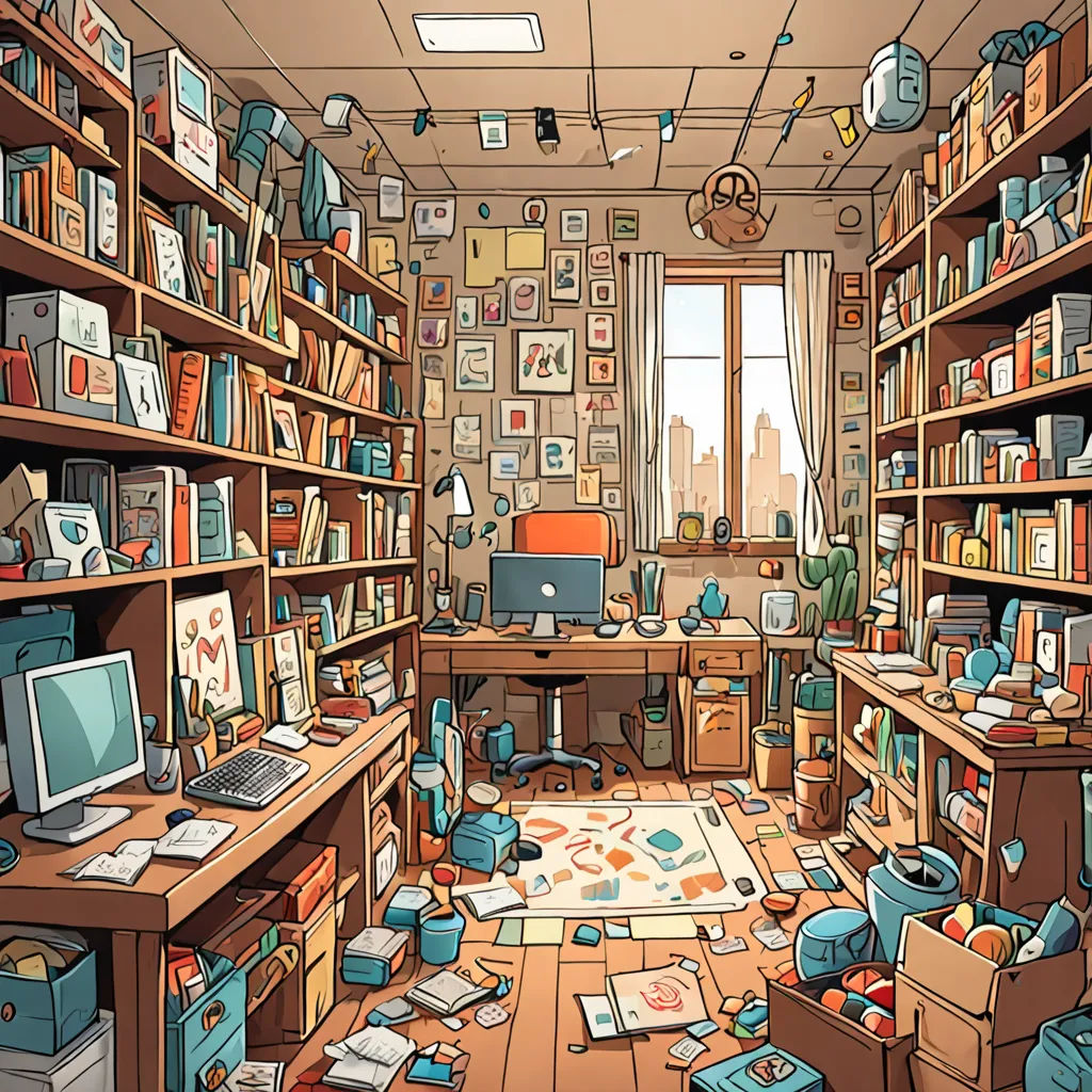 a room with a lot of books and a computer on the desk and a lot of books on the shelves, Chris LaBrooy, postminimalism, computer graphics, josan gonzales and dan mumford