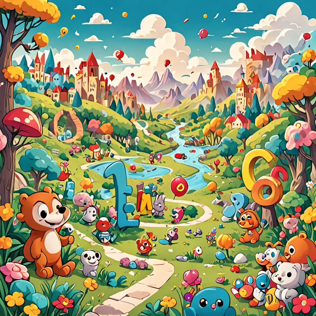 a cartoon picture of a park with animals and a number four on it's side and a castle in the background, Chris LaBrooy, sots art, a storybook illustration, rossdraws global illumination