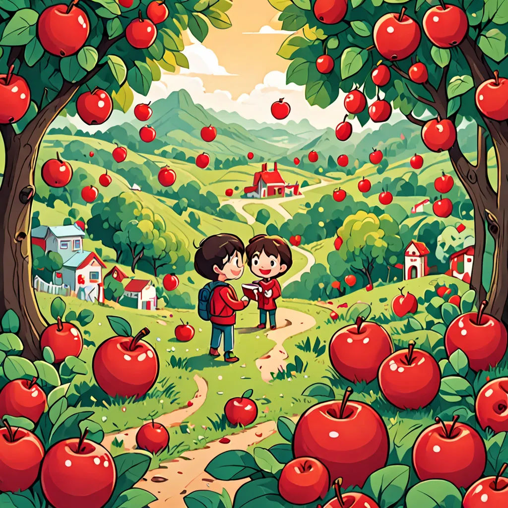 a couple of people standing in front of a forest filled with apples on a sunny day with a red sky, Chris LaBrooy, pop surrealism, a storybook illustration, storybook illustration