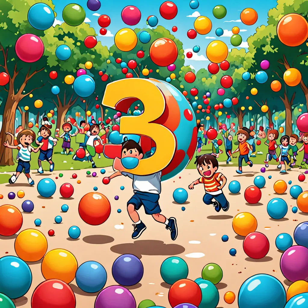 a group of children playing with a number three balloon in a park with many balloons floating around them and a number three on the ground, Diego Gisbert Llorens, lyco art, a 3D render, 3 d
