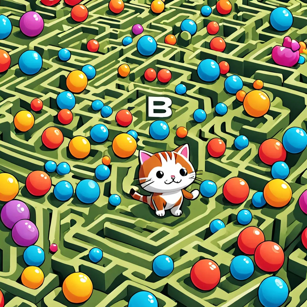 a cat is standing in a maze surrounded by balls and a number b is in the middle of the maze, Chris LaBrooy, context art, a storybook illustration, promotional image