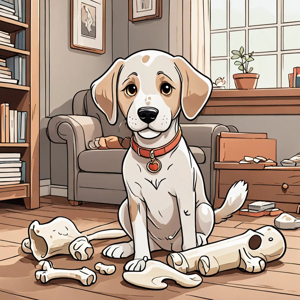 a dog sitting on the floor with a bone in front of him and a bone in the floor behind him, Chip Zdarsky, furry art, a character portrait, official art