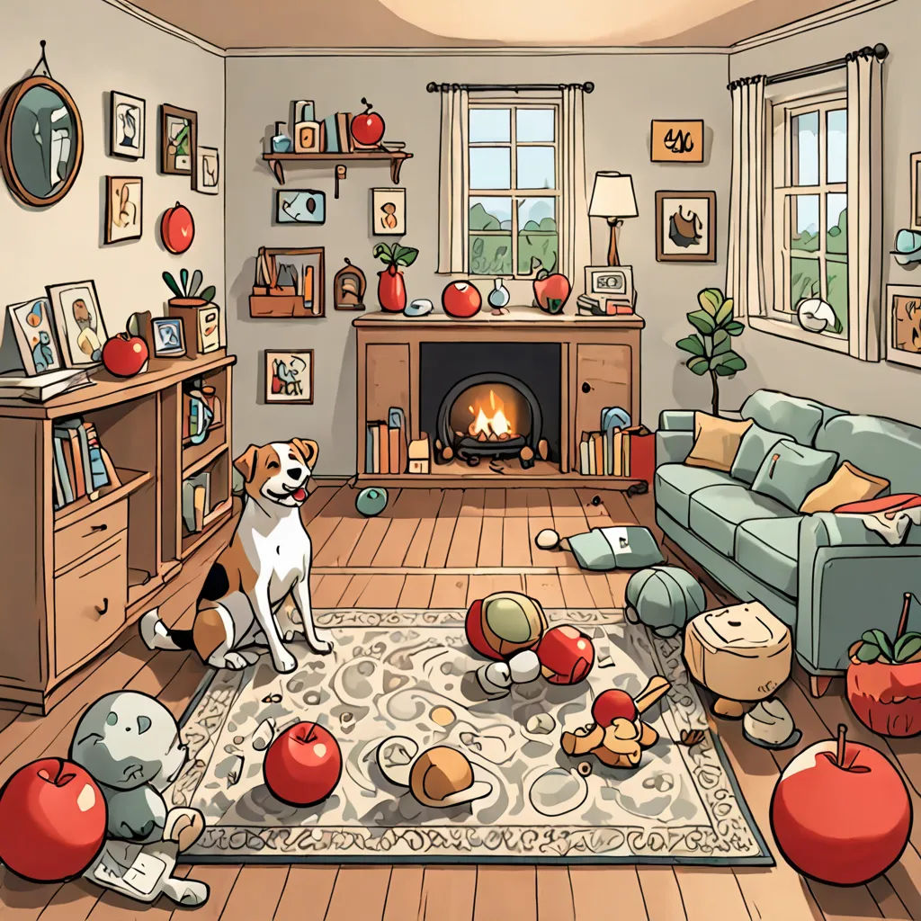 a dog is sitting in a living room with a fireplace and a rug on the floor and a rug on the floor, Chip Zdarsky, context art, a storybook illustration, storybook illustration