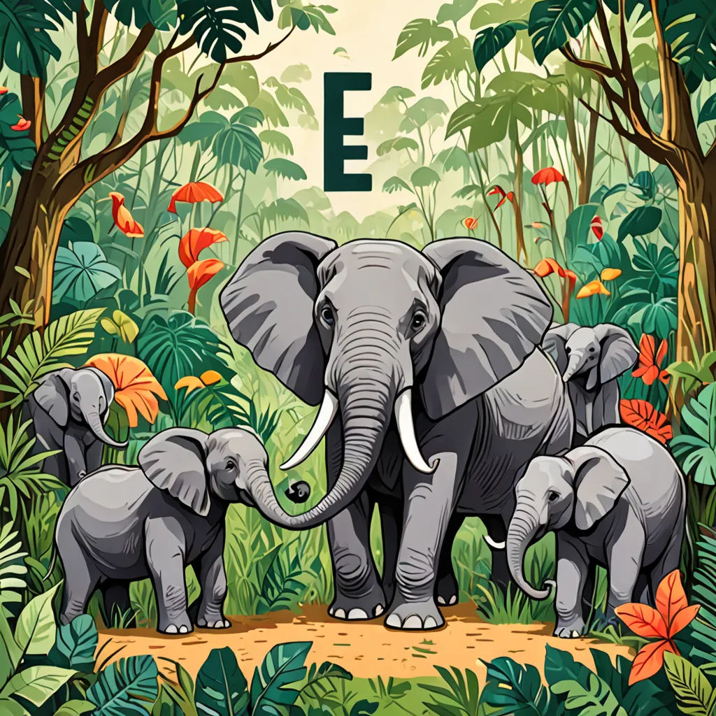 a group of elephants walking through a jungle with the letter e in the background of the picture and the letter e in the foreground, Ei-Q, letterism, an album cover, p