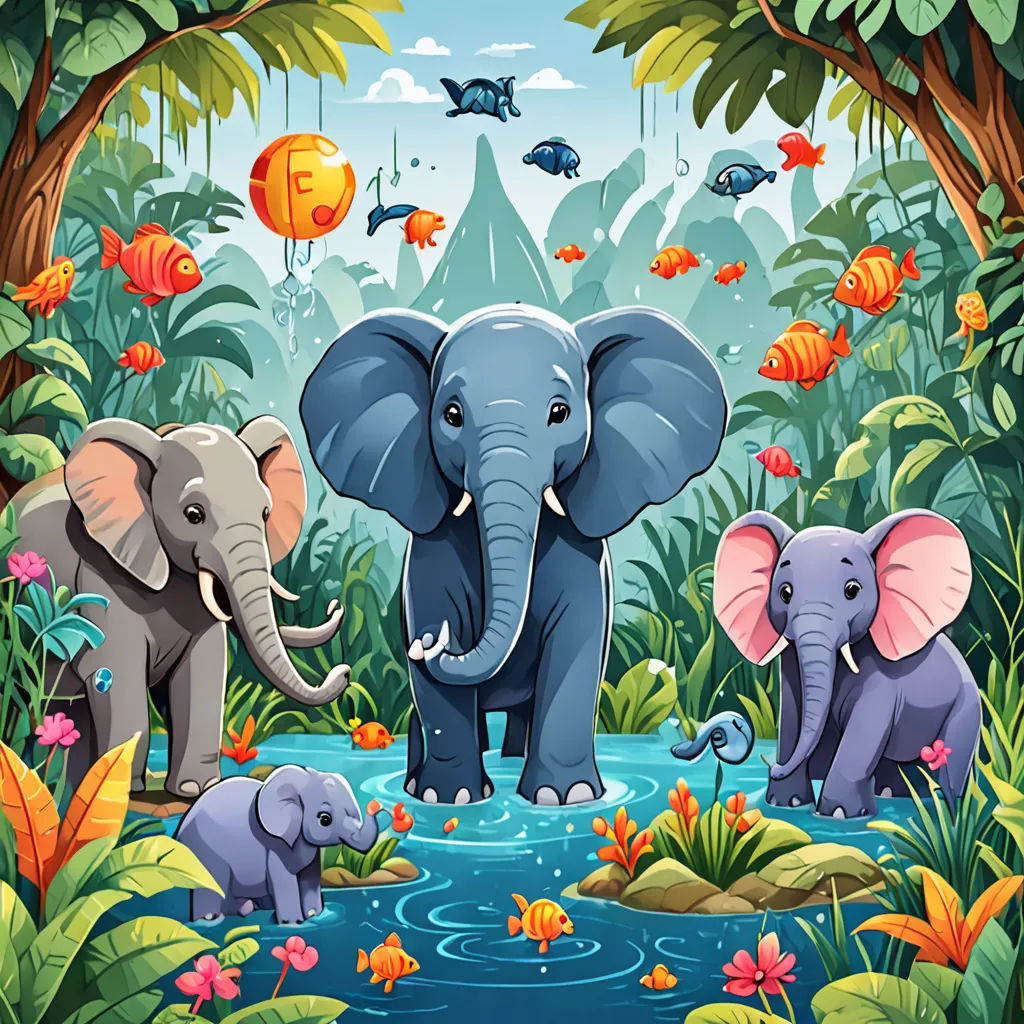a group of elephants standing in a jungle with fish and plants around them, and a mountain in the background, Chris LaBrooy, sumatraism, a storybook illustration, highly detailed digital painting