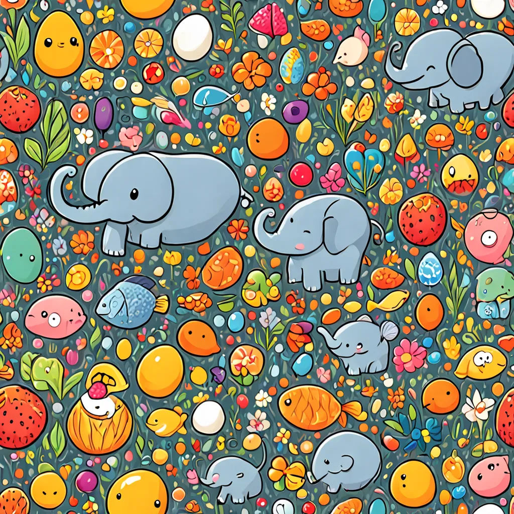 a group of elephants standing next to each other on a field of flowers and fruit in the background is a blue sky, Chris LaBrooy, naive art, a jigsaw puzzle, highly detailed digital art