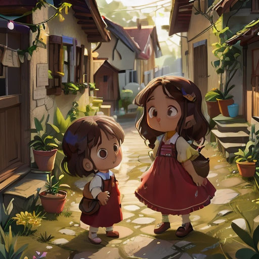 two little girls standing in a village looking at each other's eyes and smiling at each other's eyes