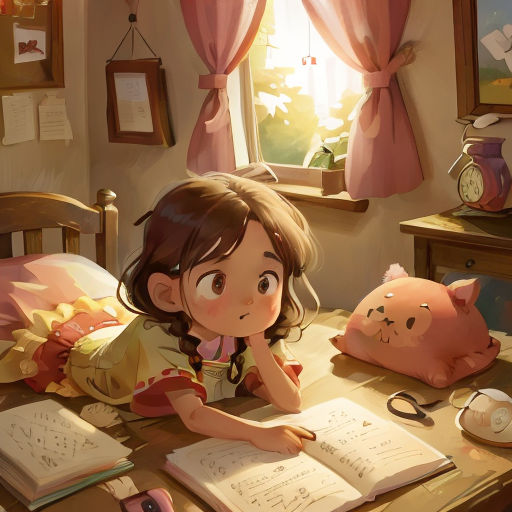 a girl sitting at a desk with a book and a pig toy next to her on the desk is a clock and a window