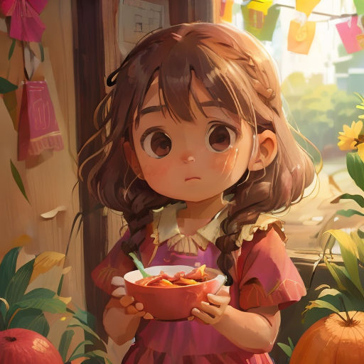 a little girl holding a bowl of food in front of a pumpkin patch with bunnies hanging from it