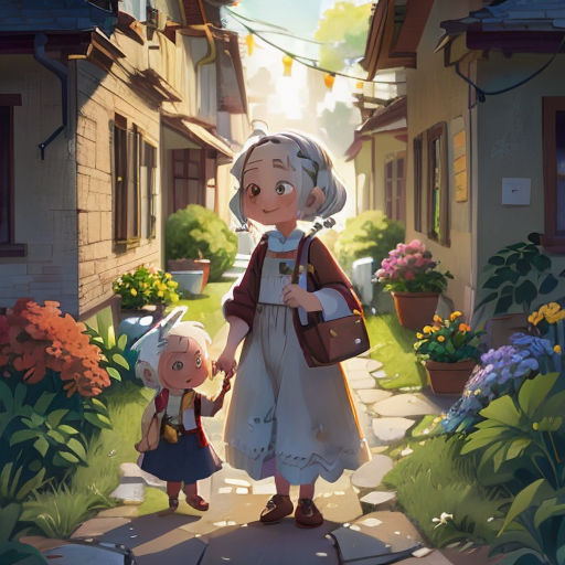 a little girl and a little girl walking down a street with flowers in the background and a house in the background