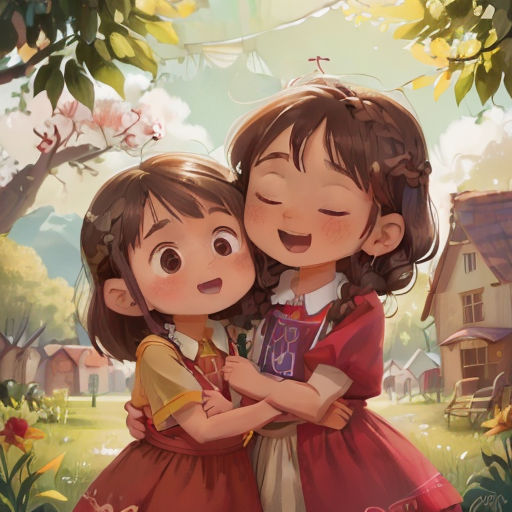 two children hugging each other in a field with flowers and houses in the background, with a sky background