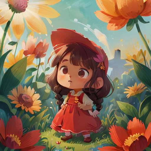 a little girl in a red dress and hat standing in a field of flowers with a castle in the background
