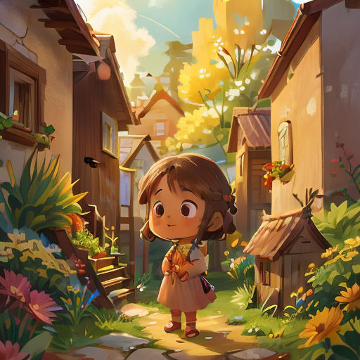 a little girl standing in a village with a cat on her shoulder and a dog on her shoulder, looking at the ground