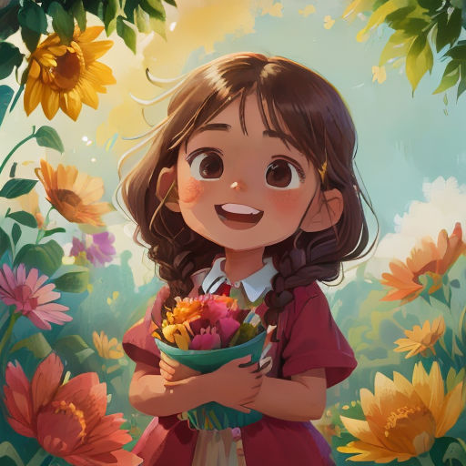 a little girl holding a bouquet of flowers in a field of flowers with sunflowers in the background