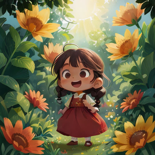 a little girl standing in a field of sunflowers with her eyes closed and a smile on her face