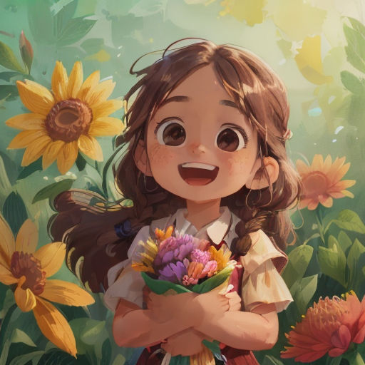 a girl holding a bouquet of flowers in a field of flowers with a sunflower in the background and a green sky