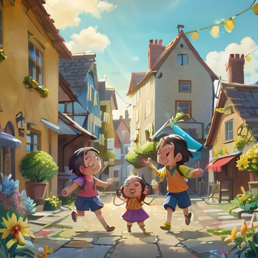a group of children playing in a village with a dog and a cat on the sidewalk and a house in the background