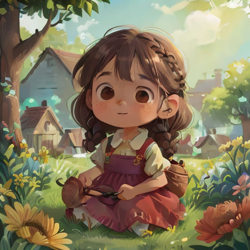 a little girl sitting in the grass with a teddy bear in her hand and a house in the background