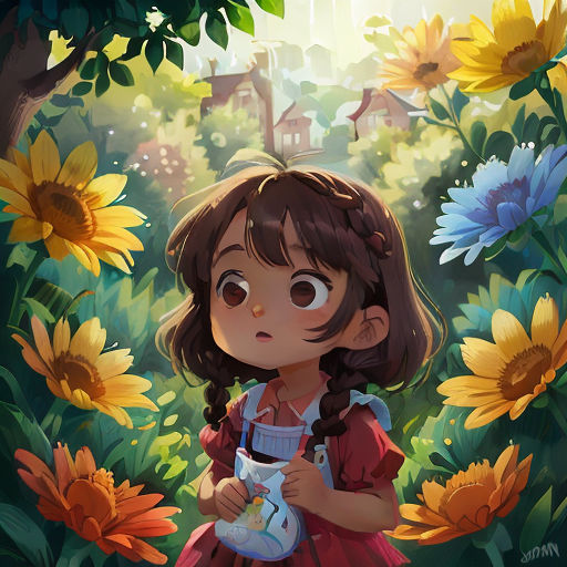 a little girl standing in a field of sunflowers holding a teapot and a tea pot in her hands