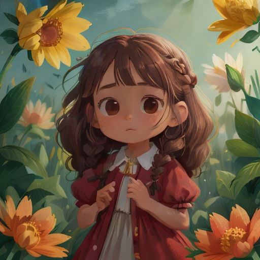 a little girl standing in a field of flowers with a red dress on and a yellow flower in her hair