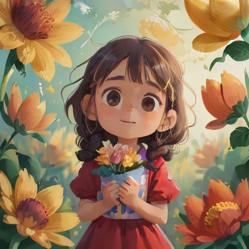 a little girl holding a bouquet of flowers in front of a field of flowers with yellow and red flowers
