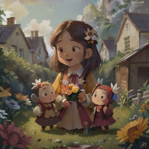 a girl holding flowers and two small dolls in a field with houses in the background and a sky with clouds