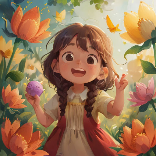 a little girl standing in a field of flowers holding a purple egg in her hand and smiling at the camera