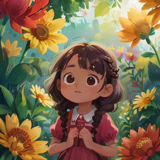a little girl standing in a field of flowers with a camera in her hand and a sunflower in the background