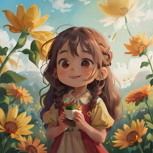 a girl in a field of sunflowers holding a cup of coffee and a plate of food in her hands