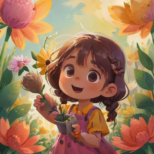 a little girl holding a flower in a field of flowers with a sky background and a sky background behind her