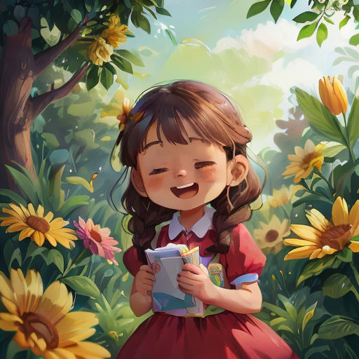 a little girl in a red dress is holding a book and smiling at the camera while standing in a field of sunflowers