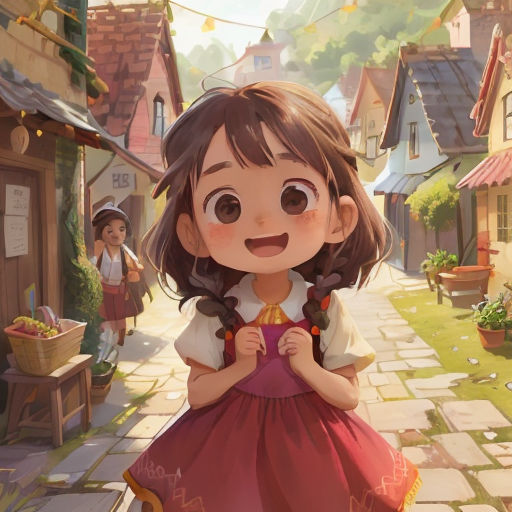 a little girl in a red dress standing in front of a small village with a girl in the background