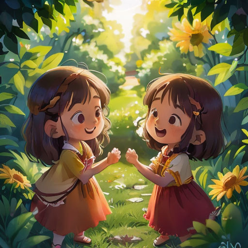 two little girls standing in the grass with sunflowers in the background and one girl holding her hand