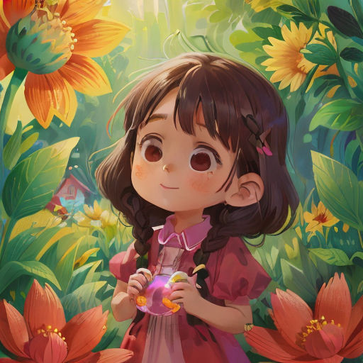 a little girl standing in a field of flowers holding a camera and looking at the camera with a smile