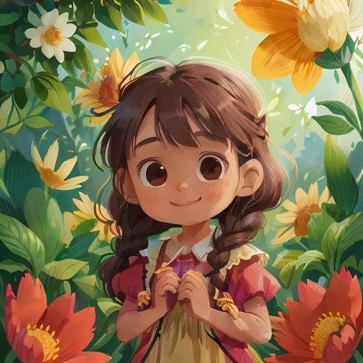 a little girl standing in a field of flowers with a butterfly on her shoulder and a flower in her hair