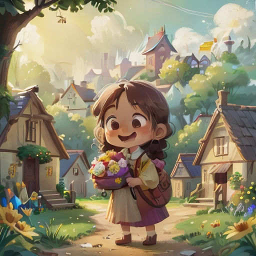a girl holding a bouquet of flowers in a village with a bird flying overhead in the sky above her