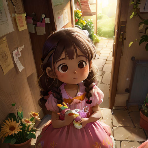 a little girl in a pink dress holding a cup of tea in a doorway of a house with a flower pot