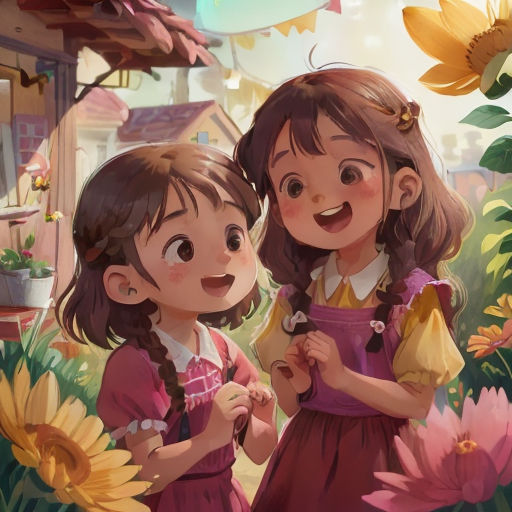 two little girls standing next to each other in a field of flowers and sunflowers, with a house in the background