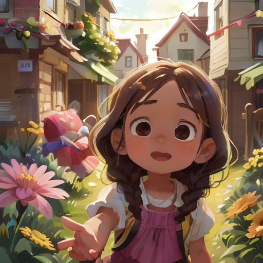 a little girl standing in a garden with flowers in front of her and a house in the background with a bunting line