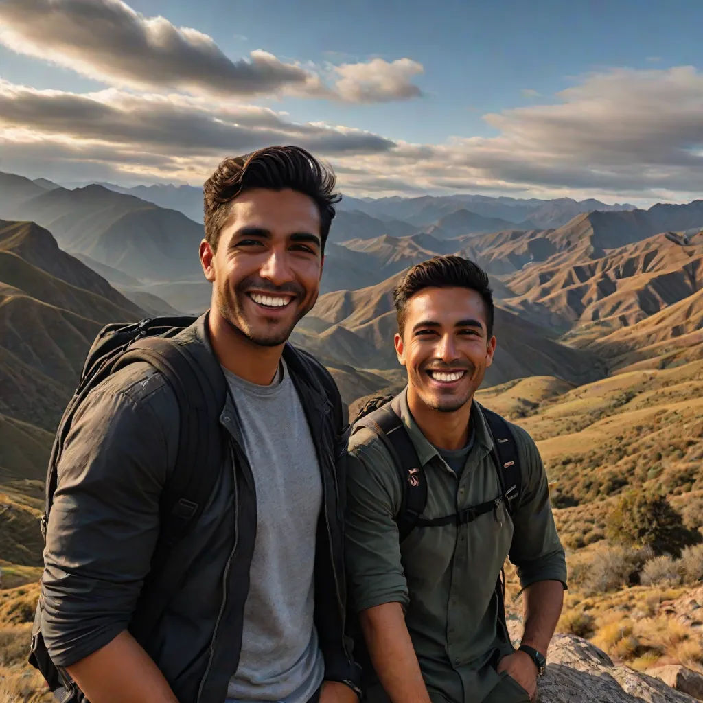 two men are posing for a picture on a mountain top with mountains in the background and clouds in the sky, incoherents, a stock photo, Amir Zand, promotional image